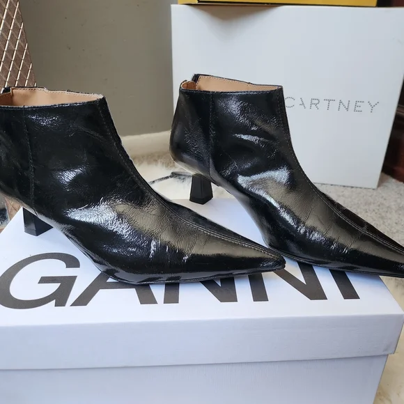 Ganni Glossy Black Ankle Boots - Picture 1 of 6